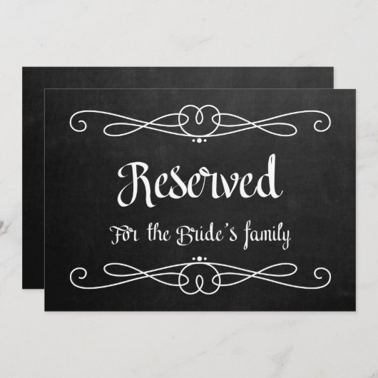 "Reserved for Bride's Family" bruiloft Sign Kaart (Voorkant / Achterkant)