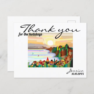 Resort, zee kust, zeilboten briefkaart