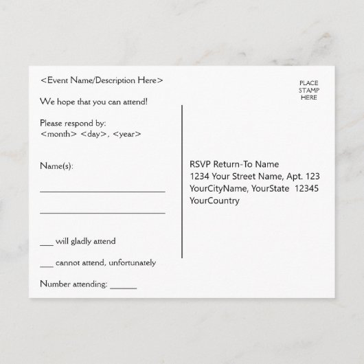 Respectvol en elegant "Please R.S.V.P." Briefkaart (Achterkant)