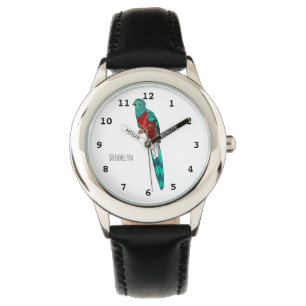 Resplendent quetzal-vogel cartoon illustratie horloge
