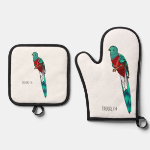 Resplendent quetzal-vogel cartoon illustratie ovenwant & pannenlap set