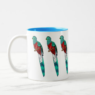 Resplendent quetzal-vogel cartoon illustratie tweekleurige koffiemok