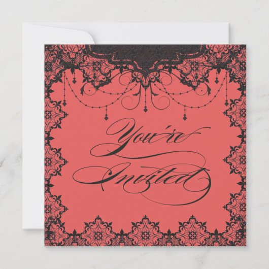 Resplendent Romance Lace Coral Invitation Kaart (Voorkant)