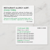 Restaurant d'allergie alimentaire et carte ICE (Devant / Derrière)