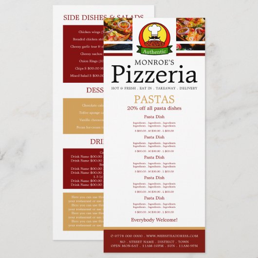 Restaurant de pizzas, Menu de pâtes mince (Devant / Derrière)