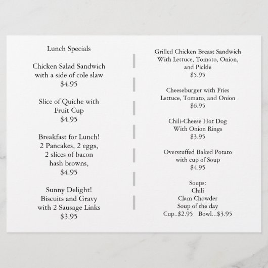 Restaurant Fournitures Déjeuner Menu Levée de sole (Dos)