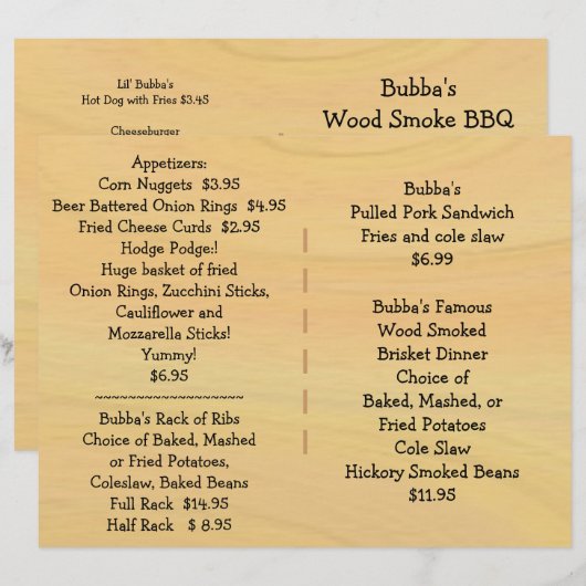 Restaurant Fournitures Menu BBQ (Devant / Derrière)