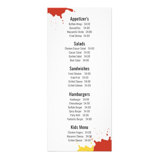 Restaurant Menu Hamburger Hot Dog (Achterkant)