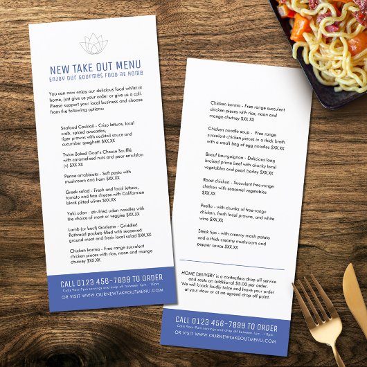 Restaurant nieuwe take out menu's blauw