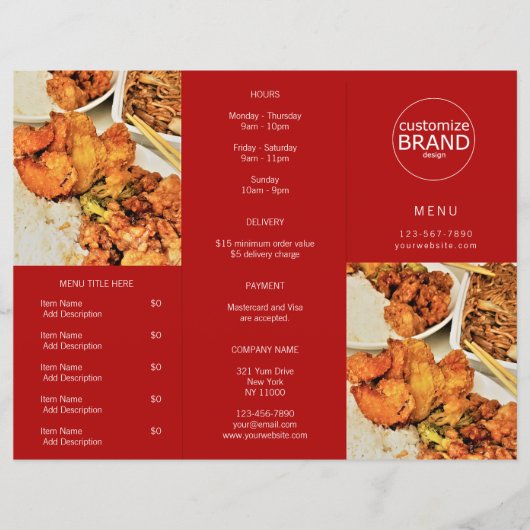 Restaurant Takeout Logo Foto Tri-voudig Red Menu (Voorkant)