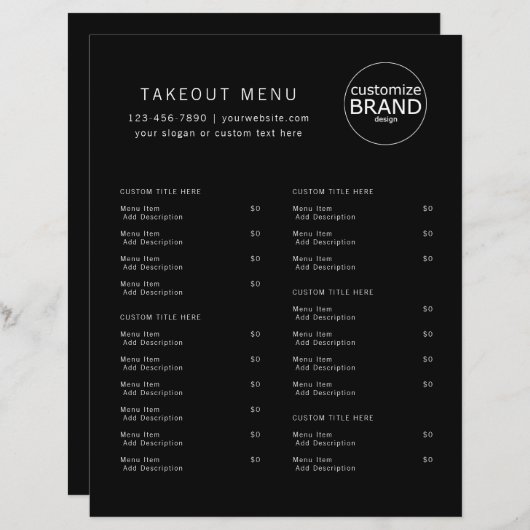 Restaurant Takeout Restauration Black Logo Menu (Devant / Derrière)