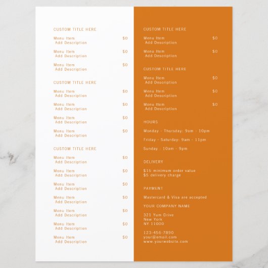 Restaurant Takeout Restauration Logo Orange Menu (Dos)