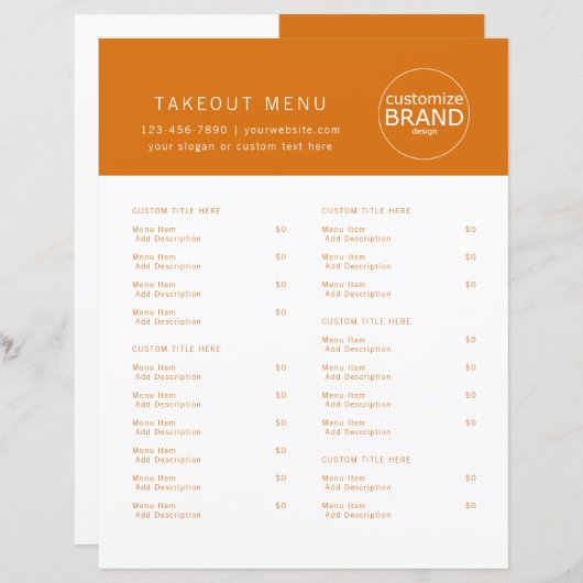 Restaurant Takeout Restauration Logo Orange Menu (Devant / Derrière)