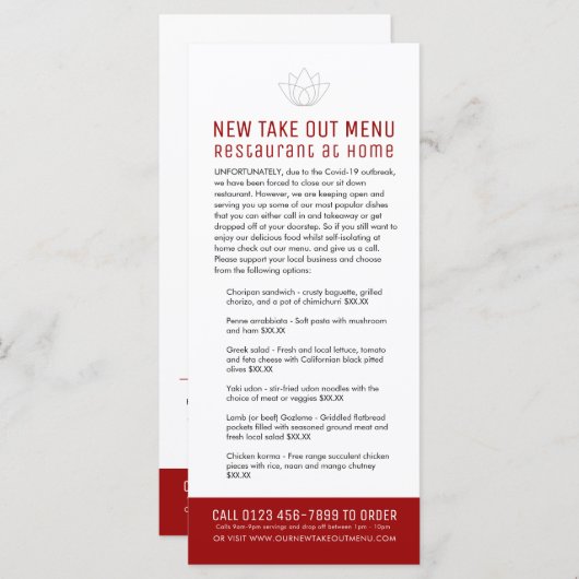 Restaurant thuis nieuwe temp uit menu (Voorkant / Achterkant)