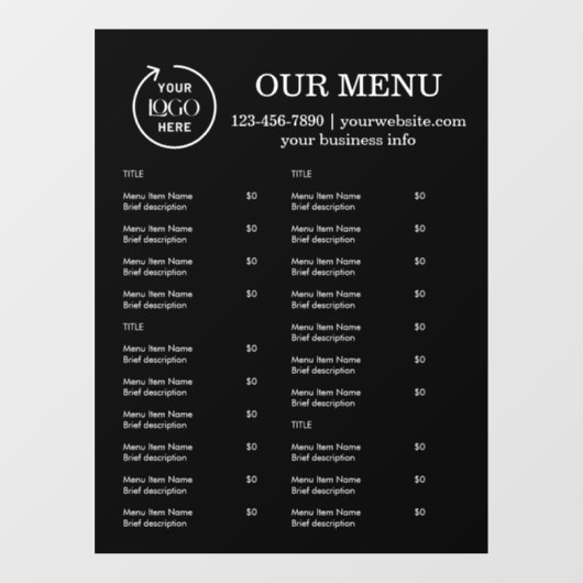 Restaurantmenu | Zwarte Logo Cafe Menu Raamsticker (Vel)