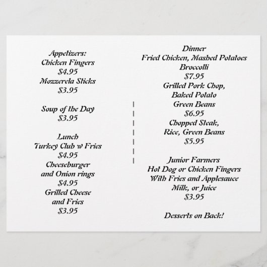 Restaurants, Menu Campagne, Personnaliser ! (Dos)