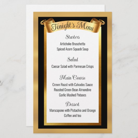 Restauration en or Faux menu de mariages (Devant / Derrière)