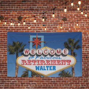 Retirement party retro Welcome to Vegas sign Spandoek