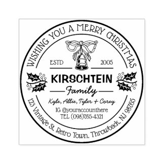 Retouradres Kerstmis Familie Bell Holly Berries Rubberstempel