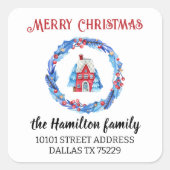 Retouradres Red House krans Vrolijk kerstfeest Vierkante Sticker (Voorkant)