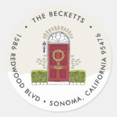 Retouradres rode deur voor feestdag ronde sticker (Voorkant)