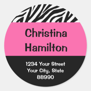 Retouradres zebra & Hot Pink (#LABL 008) Ronde Sticker