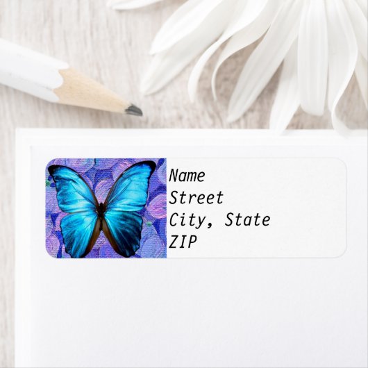 Retouradreslabels - Blue Morpho op Hydrangeas. Etiket (Insitu)