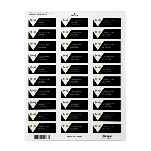 Retouradreslabels voor zwarte en gouden smoking etiket (Full Sheet)