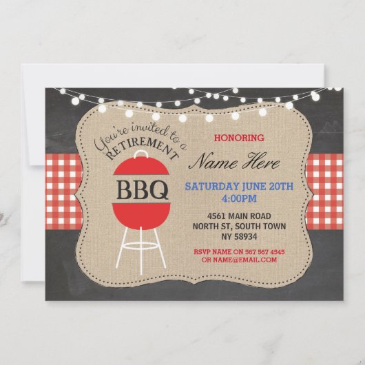 Retraite BBQ Check Chalk Burlap Red Invitation (Devant)