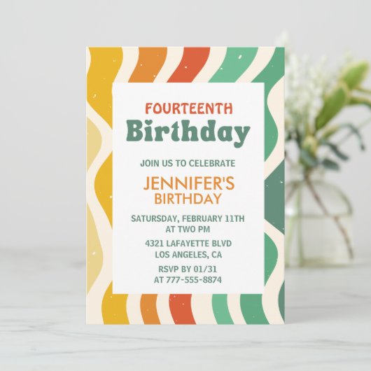 Retro 14e verjaardag uitnodigingen Groovy Wavy (Staand voorkant)