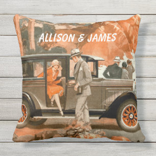 Retro 1920's Flapper Lady Classical Car Road Trip Buitenkussen