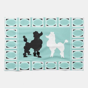 Retro 1950: Cute White & Black Poodles op Aqua Theedoek
