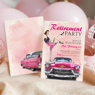 Retro 1950 Glam Roze Vintage Auto Pensioenfeest Kaart