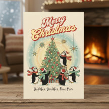 Retro 1950 kerstkaart met pinguïns en boom