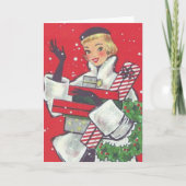 Retro 1950 kerstwinkelmeisje  feestdagen kaart (Voorkant)