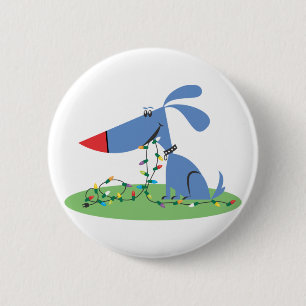 Retro 1950s Blue Dog Kerstverlichting Ronde Button 5,7 Cm