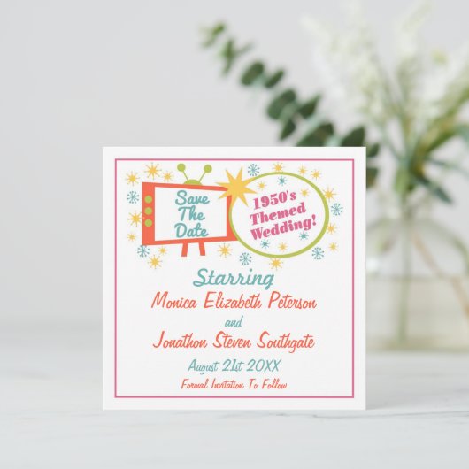 Retro 1950's die de datumkaarten opslaan save the date (Staand voorkant)