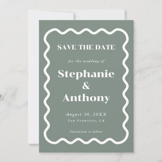 Retro 1950s golvende rand sage groene bruiloft save the date (Voorkant)