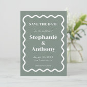 Retro 1950s golvende rand sage groene bruiloft save the date (Staand voorkant)