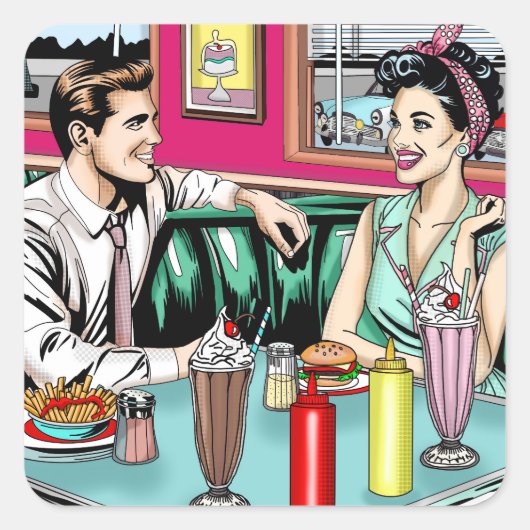 Retro 1950's Paar bij Diner Blank Vierkante Sticker (Voorkant)