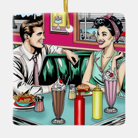 Retro 1950's Paar bij Diner Keramisch Ornament (Voorkant)