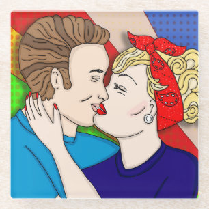 Retro 1950's Style Pop Art Couple Kissing Glazen Onderzetter