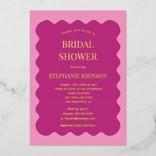 Retro 1950s Wavy Edge Magenta en Roze Bridal Folie Uitnodiging