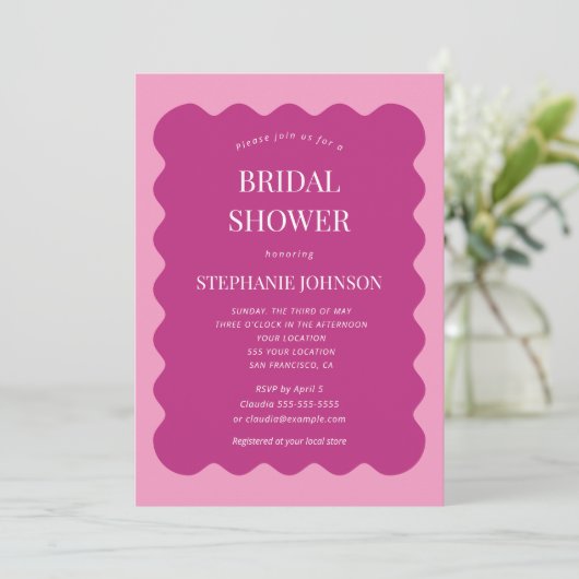 Retro 1950s Wavy Edge Magenta en Roze Bridal Kaart (Staand voorkant)