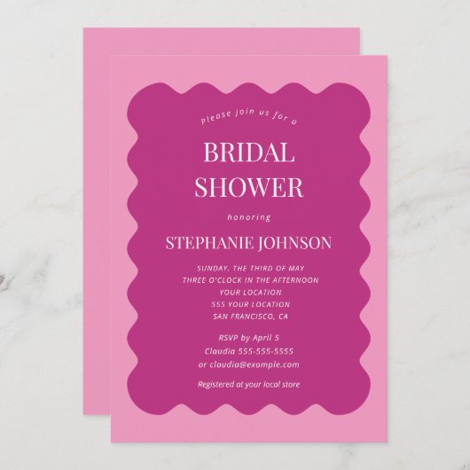 Retro 1950s Wavy Edge Magenta en Roze Bridal Kaart (Voorkant / Achterkant)