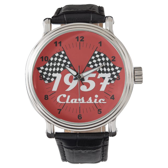 Retro 1957 Classic Zwart & Wit geruite vlag Horloge (Voorkant)