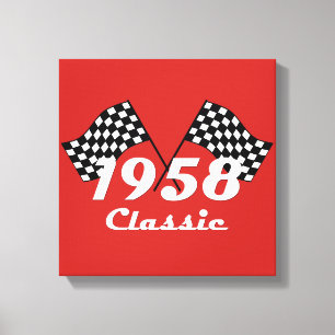 Retro 1958 Klassieke Zwarte & Witte Geruite Race V Canvas Afdruk