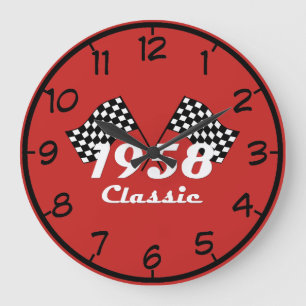 Retro 1958 Klassieke Zwarte & Witte Geruite Race V Grote Klok