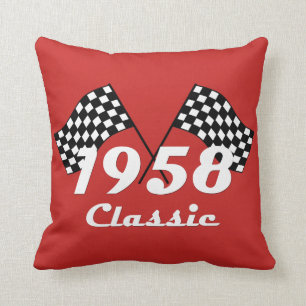Retro 1958 Klassieke Zwarte & Witte Geruite Race V Kussen