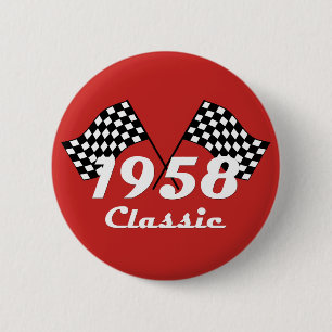 Retro 1958 Klassieke Zwarte & Witte Geruite Race V Ronde Button 5,7 Cm